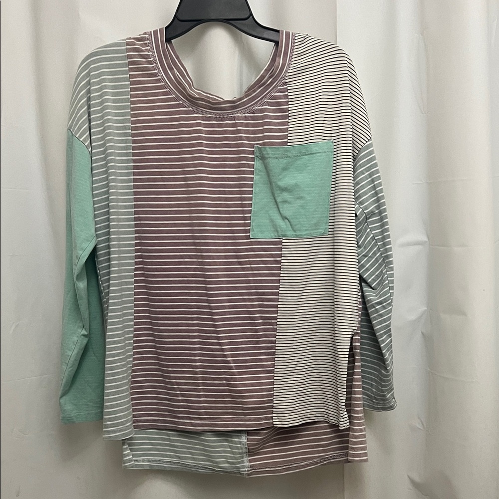 White Birch Mauve and Sage Patchwork Striped Long Sleeve Top